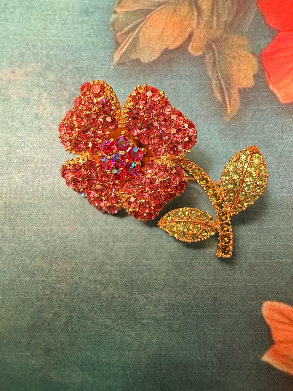 Gold-Tone Pink Crystal Flower Brooch